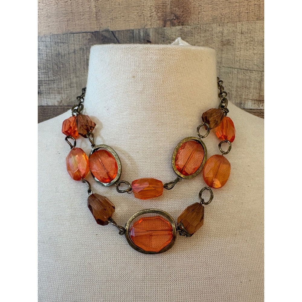 Orange Amber Chunky Double Strand Statement Necklace Antique Brass Tone